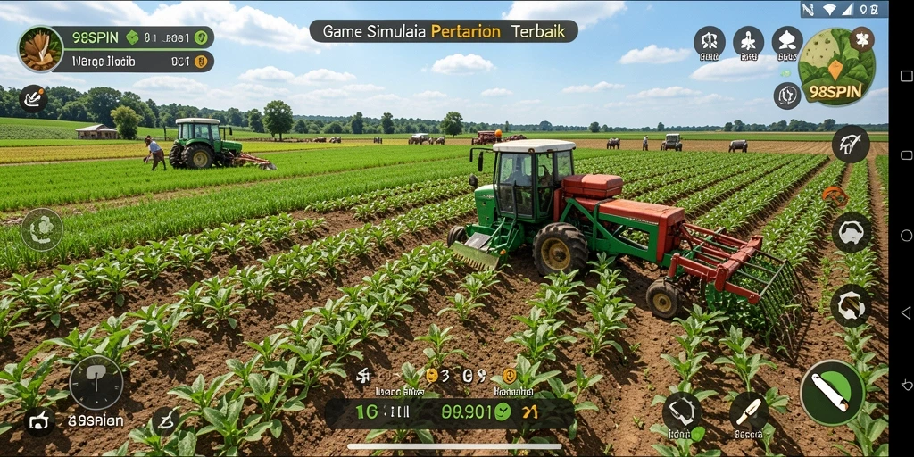 Screenshot gameplay 98SPIN yang menunjukkan aktivitas bertani yang seru.