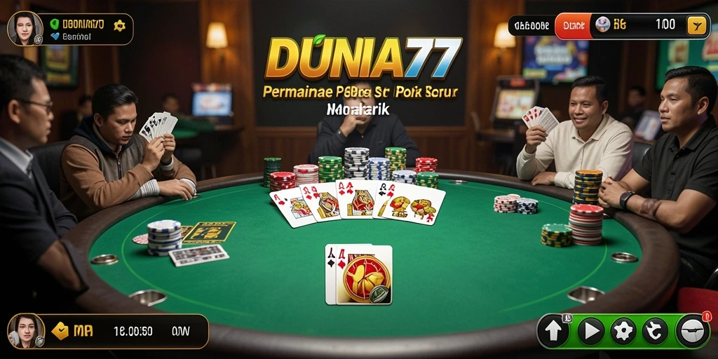 Screenshot menarik dari gameplay DUNIA77 yang menunjukkan aksi Poker ketat.