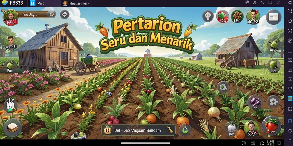 Tangkapan layar menunjukkan gameplay FB333 dengan ladang yang subur dan hewan-hewan di sekitarnya.