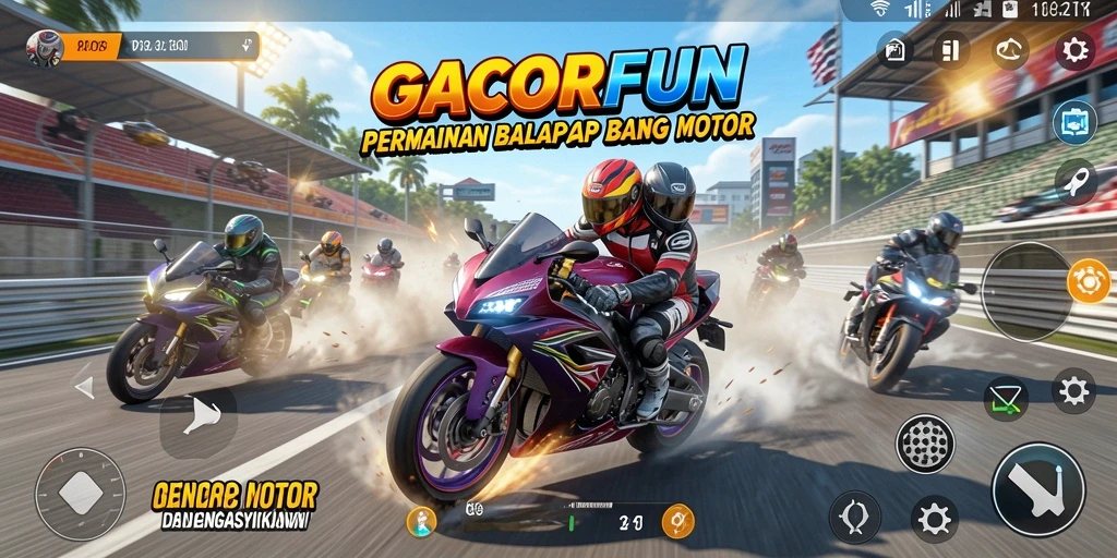 Screenshot gameplay GACORFUN yang menunjukkan balapan motor yang seru.