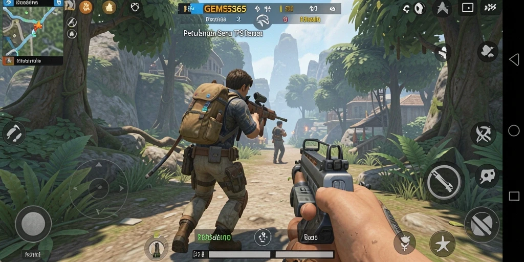 Tangkapan layar gameplay GEMS365 yang menampilkan aksi seru dalam pertempuran TPS.