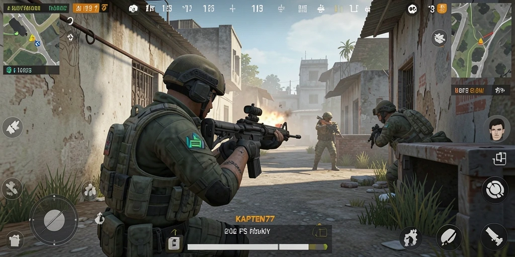 Tampilan gameplay KAPTEN77 dengan aksi pertempuran yang intens.
