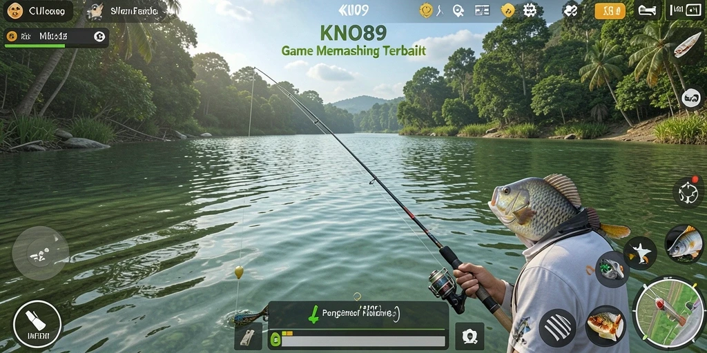 Screenshot utama KNO89 dengan pemain menangkap ikan di danau.