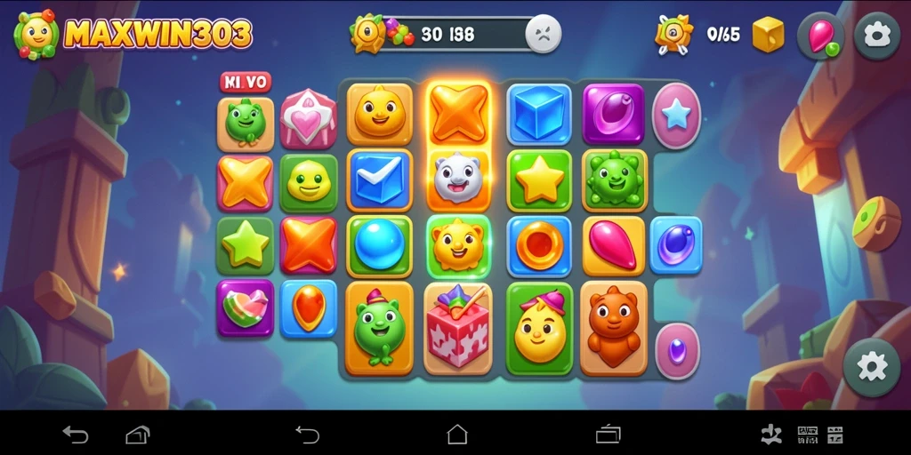 Tampilan gameplay Match-3 yang menarik dan penuh warna.