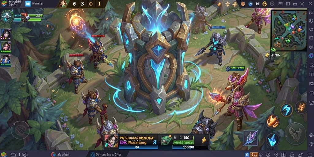 Tampilan gameplay MLBB8 dengan menara pertahanan dan gelombang musuh.