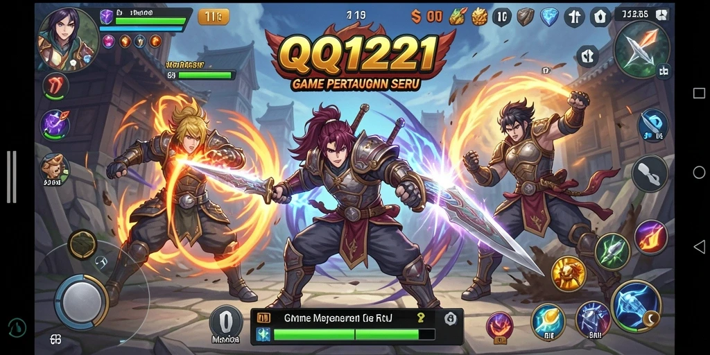 Screenshot utama QQ1221 menampilkan pertarungan seru antara karakter dengan grafis menawan.