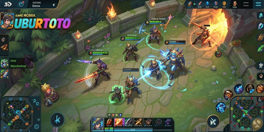 Screenshot SUBURTOTO menampilkan aksi seru dalam pertempuran tim MOBA.