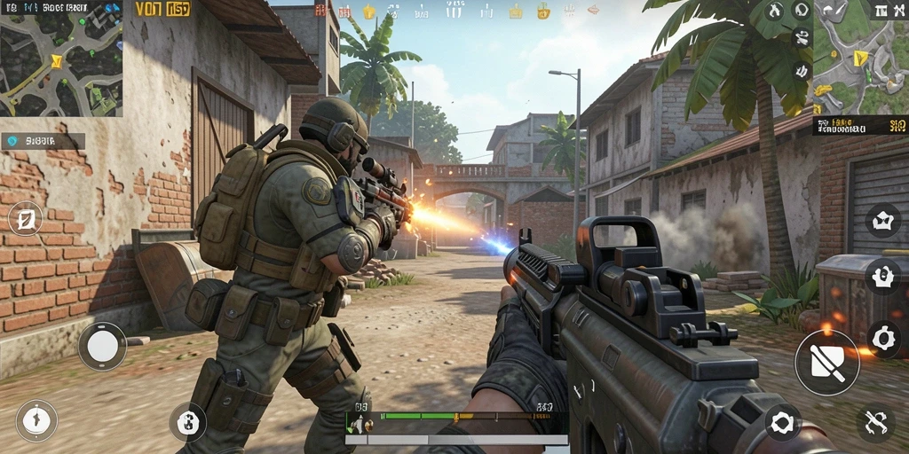 Screenshot V07 menunjukkan aksi intens di medan perang FPS.