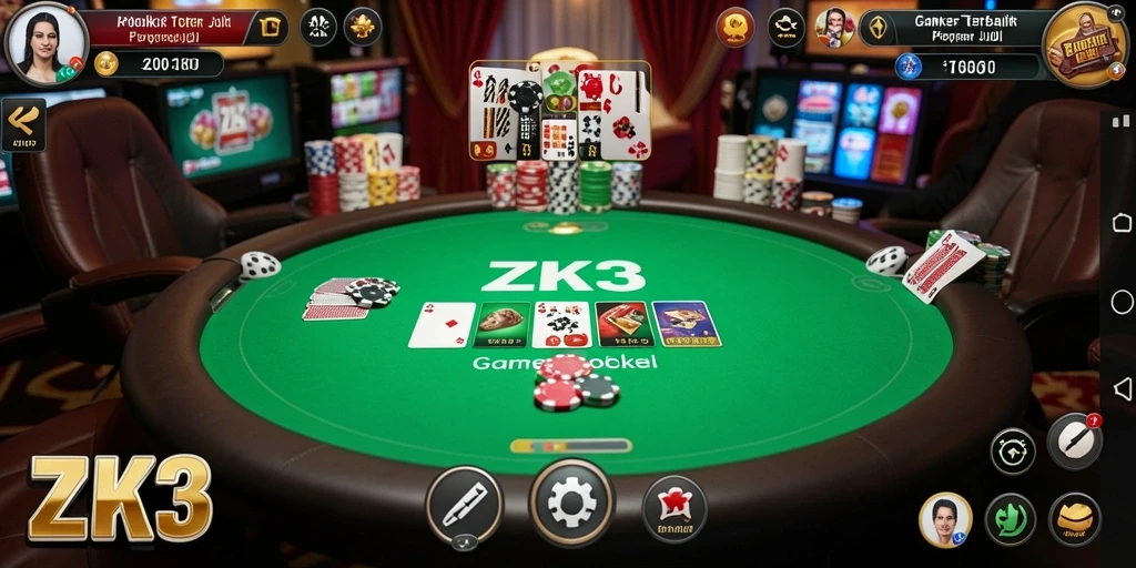 Screenshot gameplay ZK3 menampilkan aksi poker yang mendebarkan.